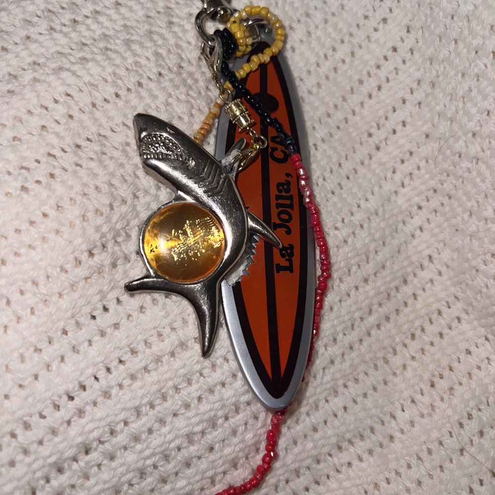 Purse fob Silver Shark Pendant with Orange Surfboard Keychain